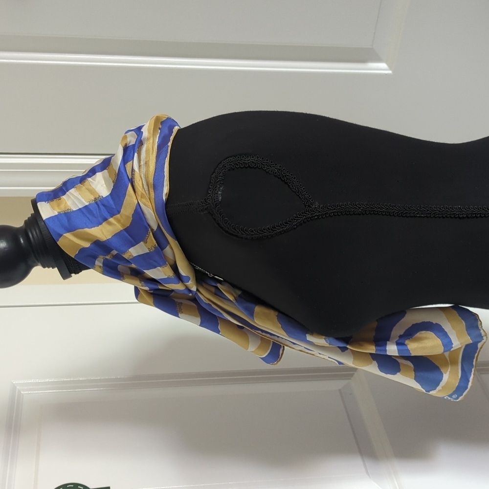Vera Long Silk Scarf Abstract Design Blue Gold White Quiet Luxury Designer - Picture 7 of 13